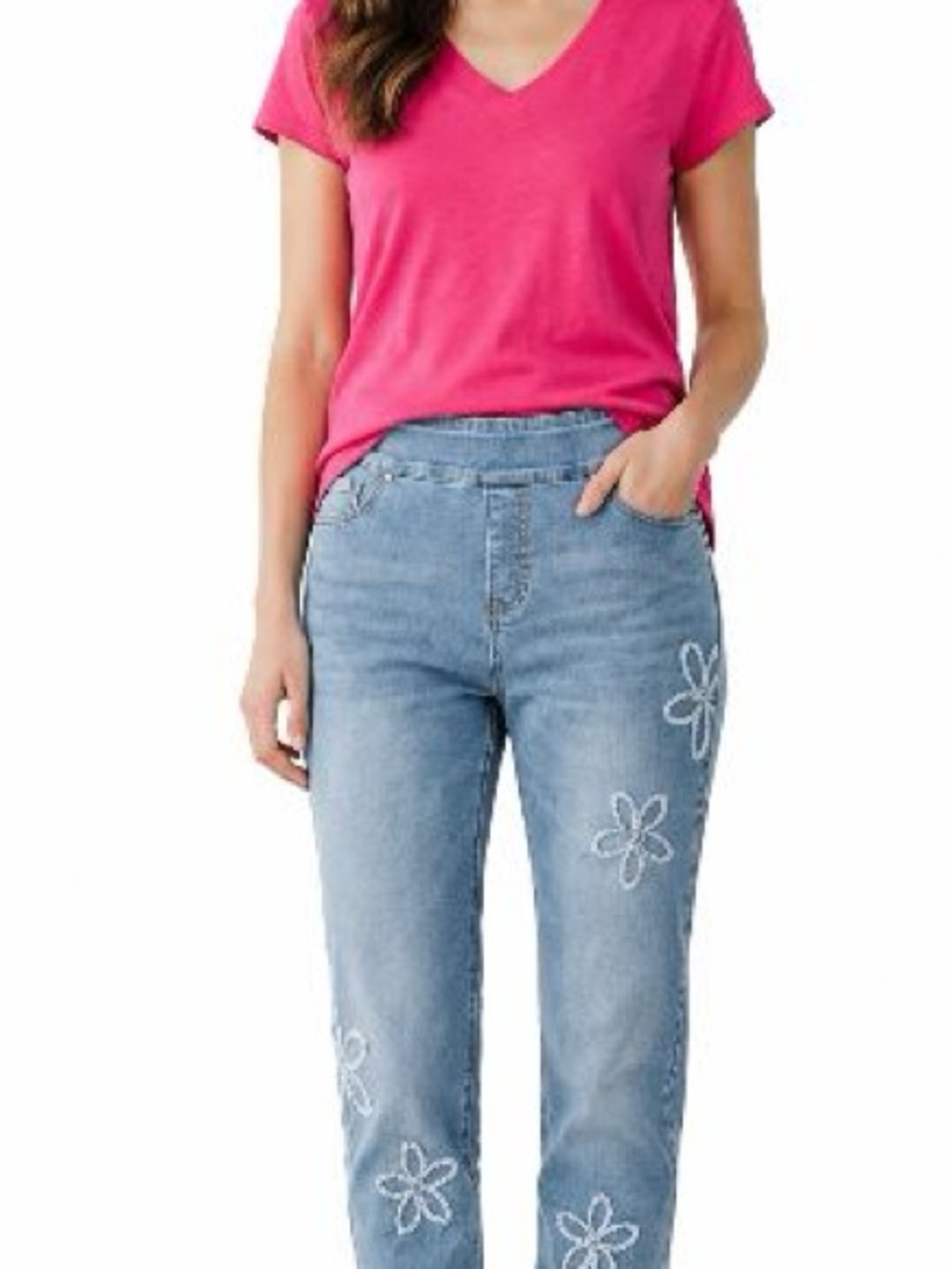 PULL ON ANKLE SKINNY JEAN WITH FLOWER APPLIQUE